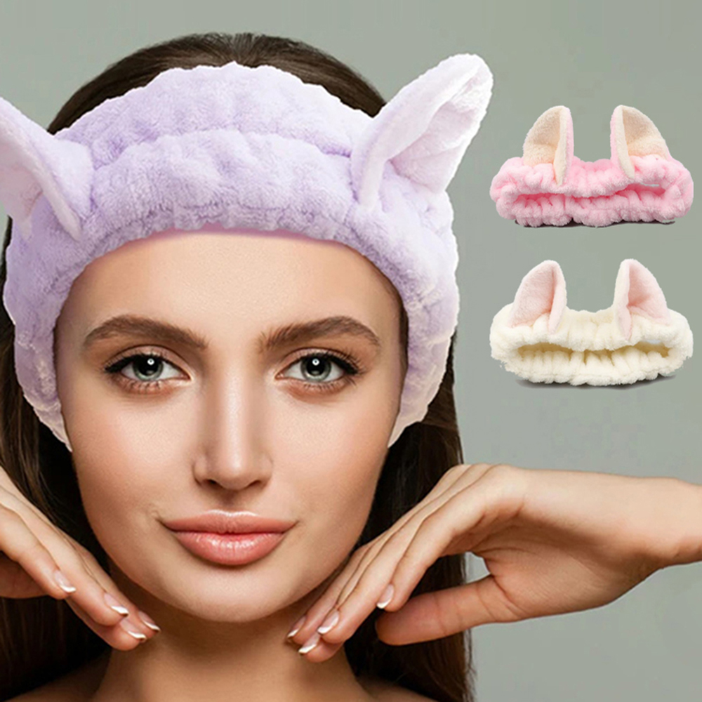 Cute Cat Spa Headband for Washing Face Makeup Skincare, Animal Headbands for Women Girls Trendy Stuff Gifts Soft Coral Fleece Fa