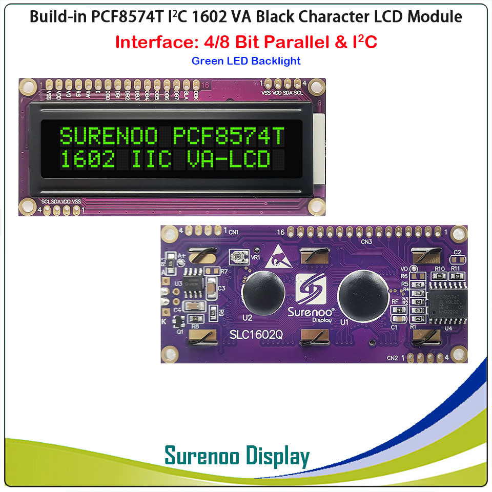 Surenoo PCF8574T PCF8574 IIC I2C 162 16X2 1602 caractères Module LCD panneau d'écran d'affichage VA blanc violet vert LED pour Arduino