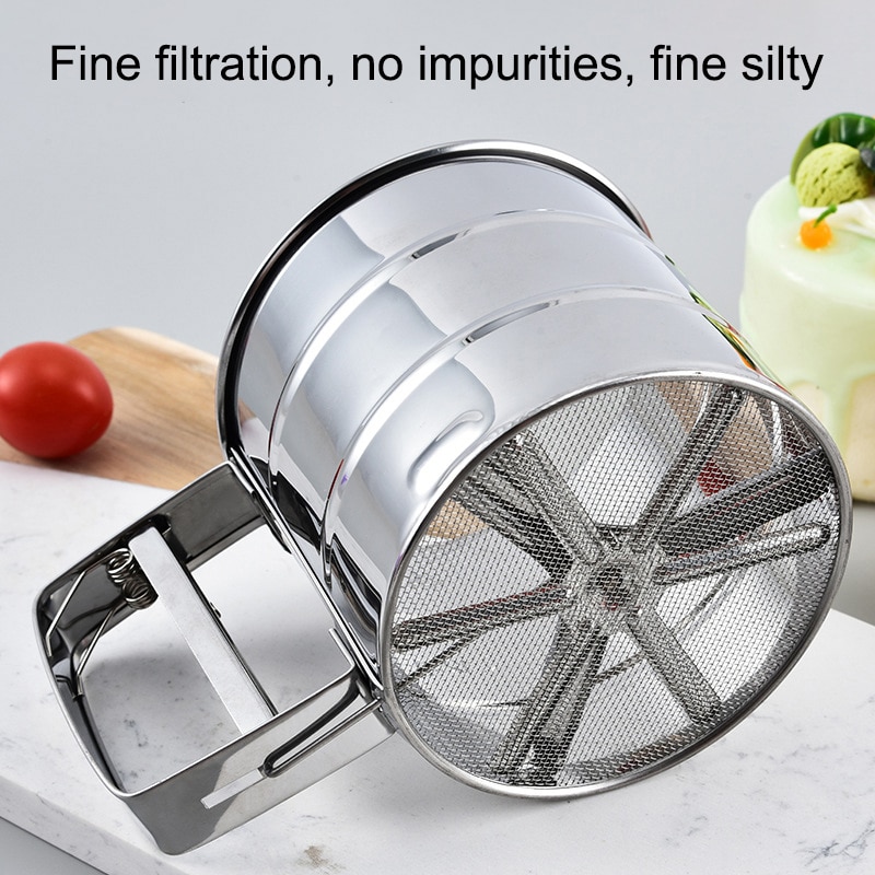 1pc En Acier Inoxydable Farine Tamis Pour La Cuisson, Poudre Sucre Shaker Avec Main Presse Conception, Fine Maille Farine Tamis