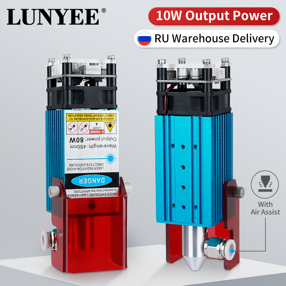 Módulo láser LUNYEE de 80W con asistencia de aire, cabezal láser azul de 450nm, módulo TTL para máquina cortadora láser CNC, herramientas de grabado láser DIY