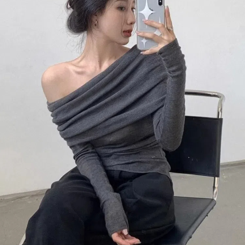 女性用長袖ニットセーター,片方の裸の肩,大きな襟,裸の肩,優しい気質,秋,冬,132