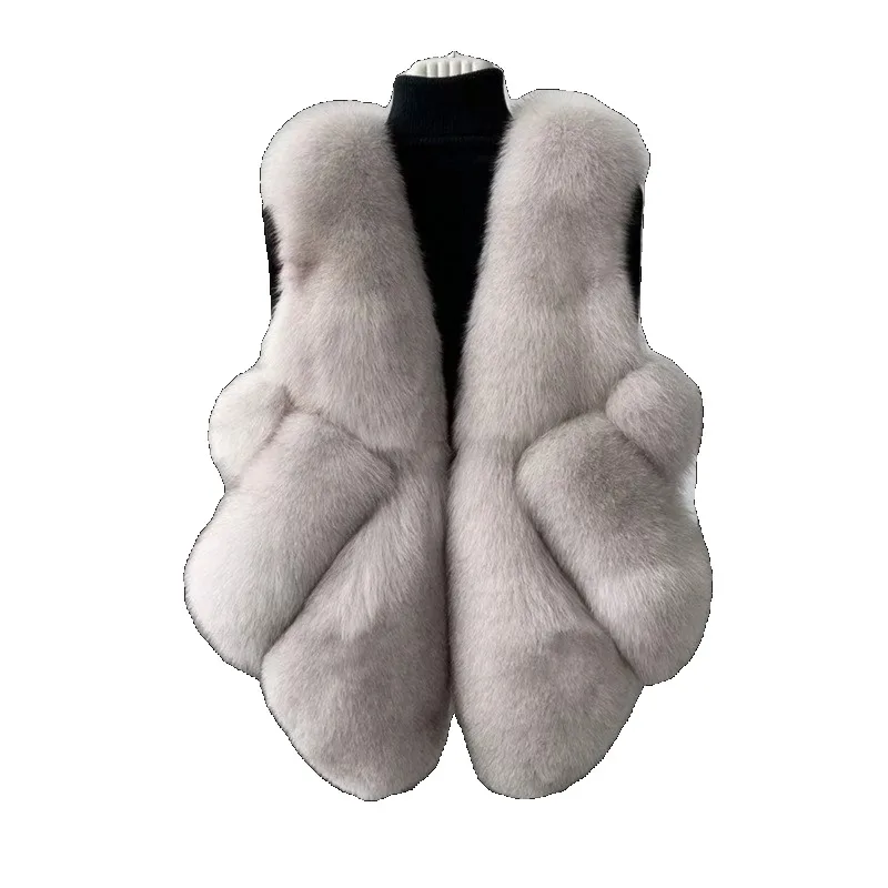 キツネの毛皮が統合された女性用ショートベスト,若いコート,秋冬,2024