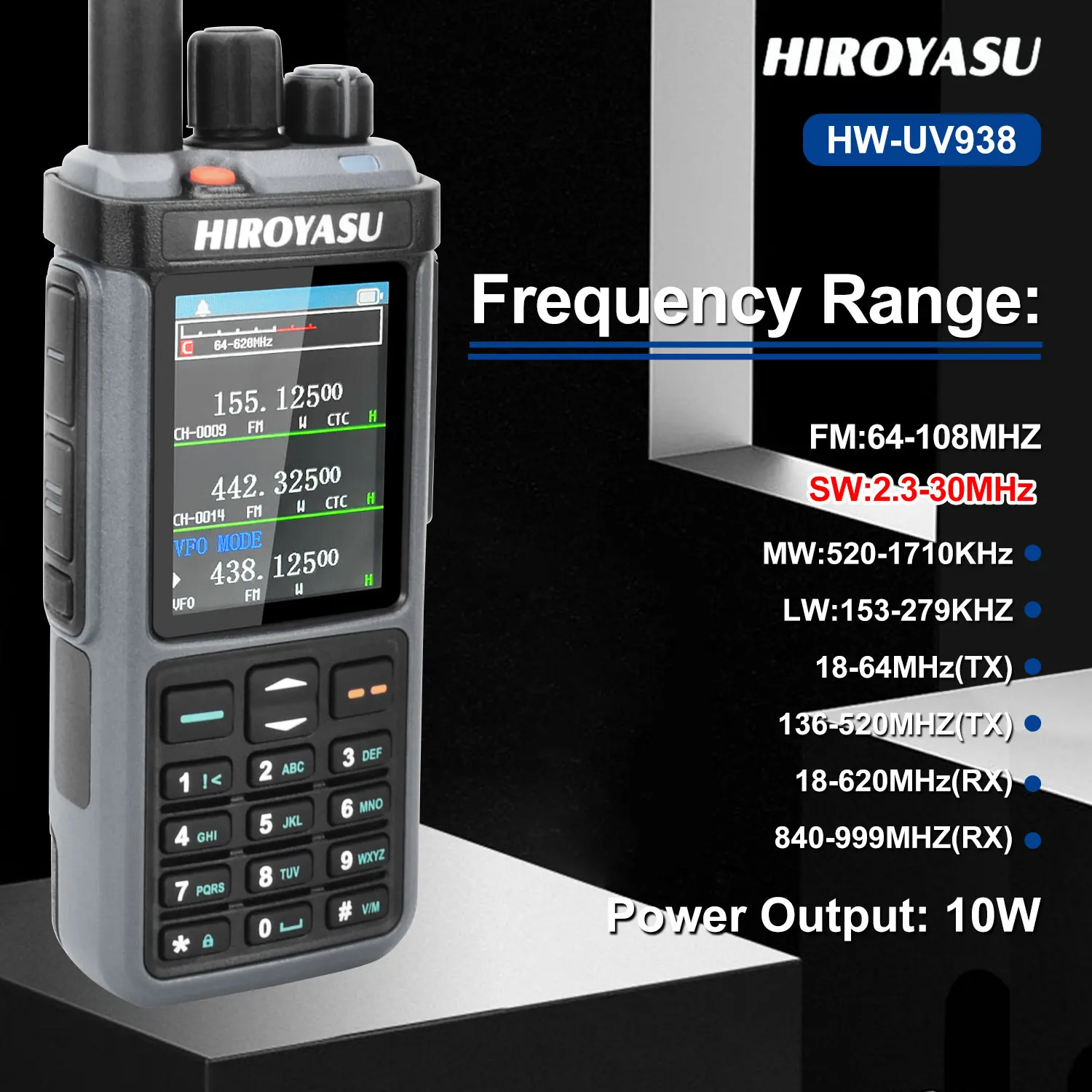 HIROYASU HW-UV938 CB SSB HF SW MW LW AM FM RX 10 vatios banda aérea multibanda Scrambler repetidor de banda cruzada NoAA DTMF Walkie Talkie