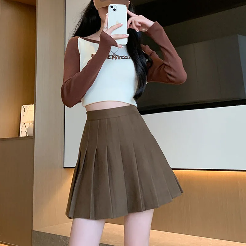 ฤดูใบไม้ร่วงฤดูหนาวกระโปรงจีบผู้หญิงใหม่เกาหลีสูงเอวSlimmingกระโปรงมินิกระโปรงสุภาพสตรีPreppyสไตล์ซิปด้านข้างA-Lineกระโปรง