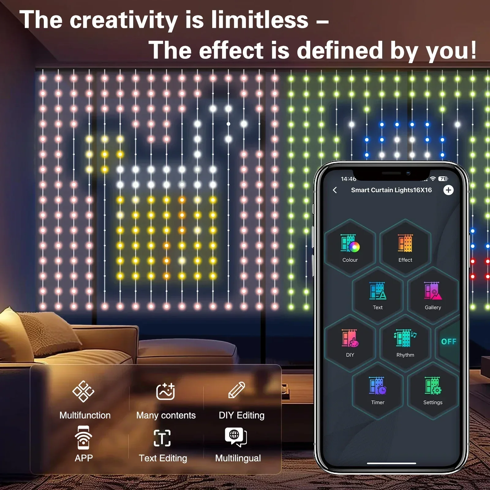 Cortina de luz LED inteligente con Bluetooth, guirnalda de luces RGB para decoración de dormitorio, fiesta de Navidad, 256