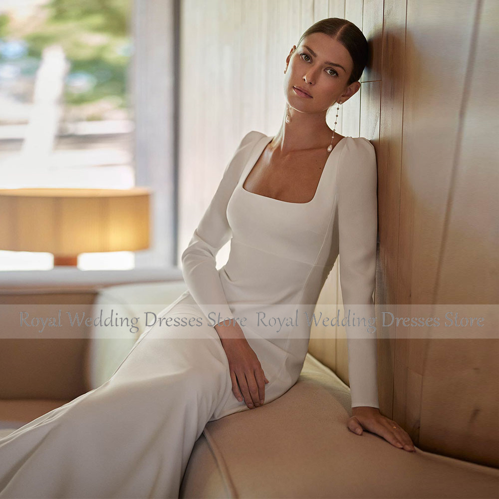 Elegante Brautkleider mit quadratischem Kragen für Frauen mit abnehmbarer Schleppe, Meerjungfrau-Hochzeitskleider, langes, einfaches Brautkleid