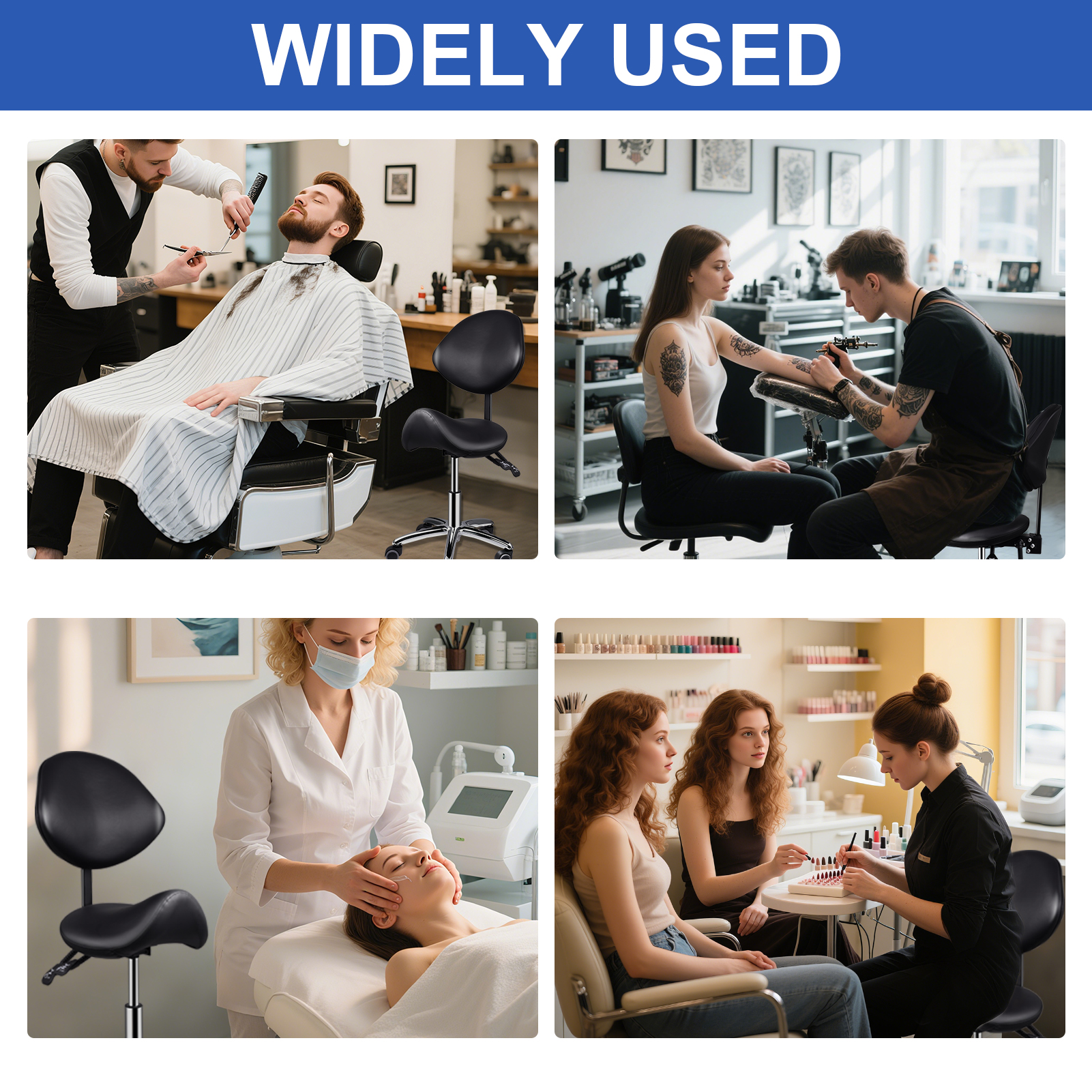 Ergonomic Rolling Saddle Chair Height Adjustable with Wheels and Backrest, Professional Salon Chair for Hair Stylist and Spa