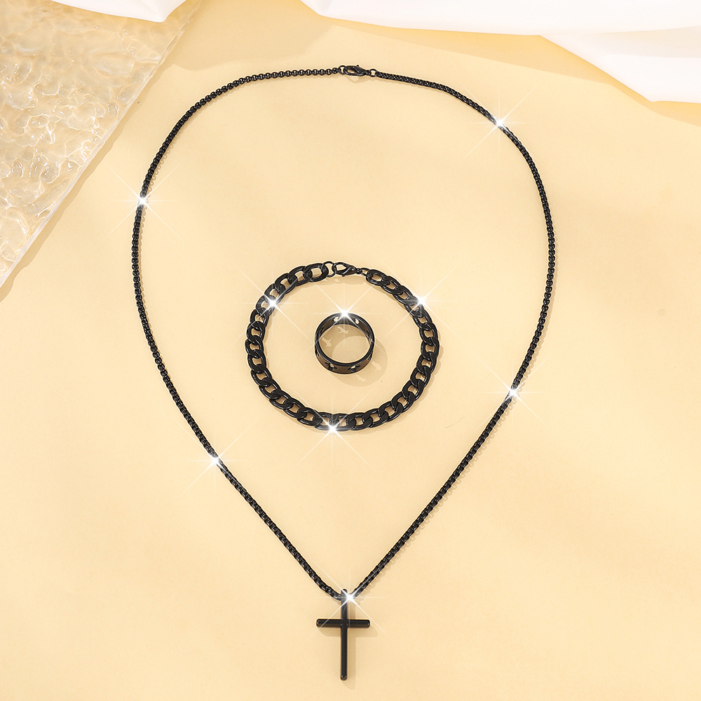 Set da 3 pezzi da uomo in acciaio inossidabile con ciondolo a forma di croce in metallo, collana a catena, bracciale, anello, set di gioielli, accessori da indossare ogni giorno hip-hop maschile