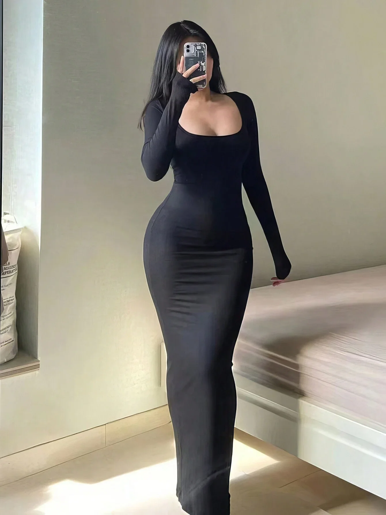 Vestido bodycon de manga comprida sólido feminino, chique básico minimalista casual moda decote redondo vestido longo, roupa feminina