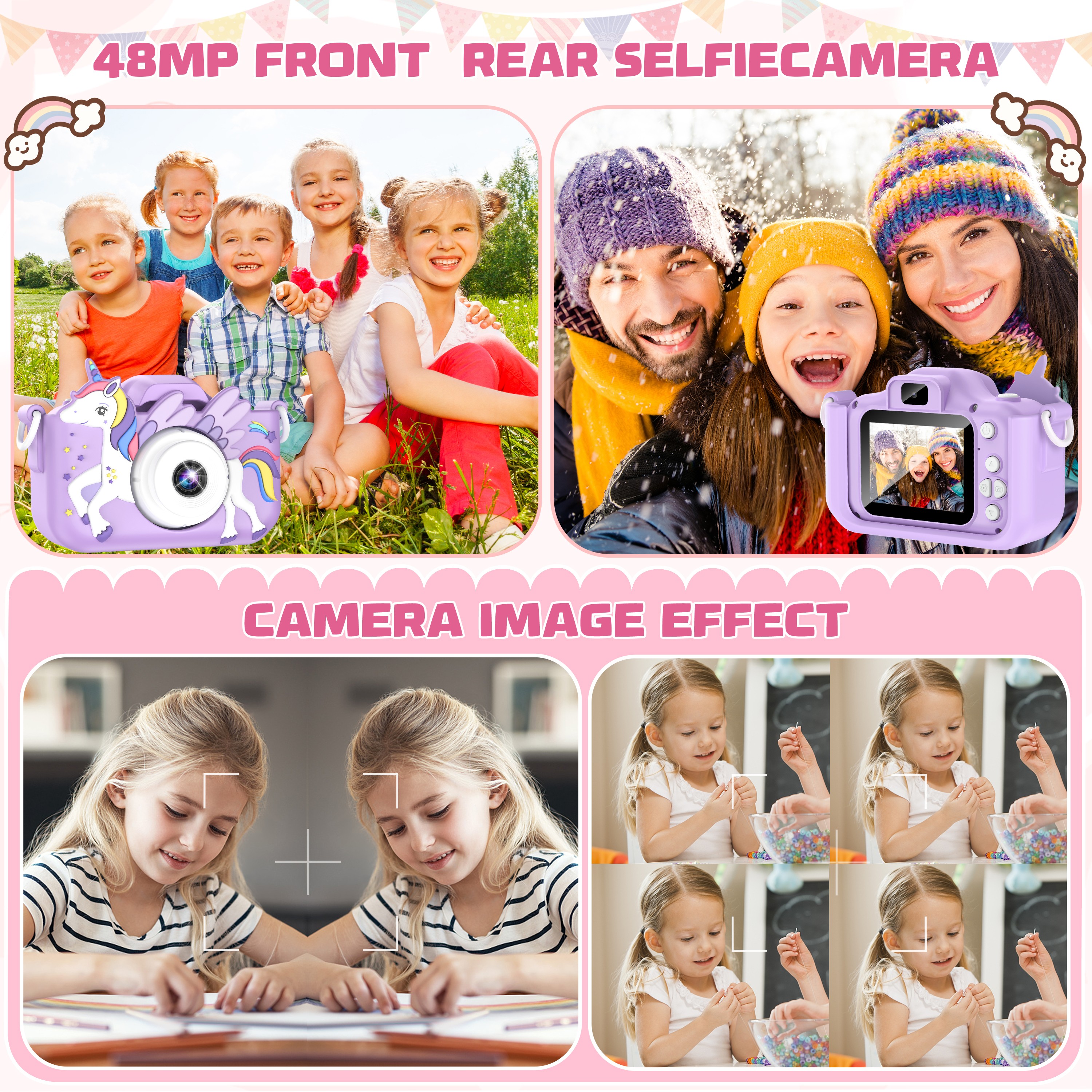 Câmera digital infantil de 2,0 polegadas, recarregável, desenho animado, brinquedo, 48MP, 1080P, HD, mini câmera selfie, presente para meninos e meninas