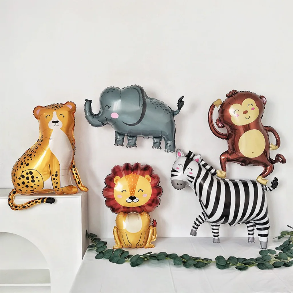 Nuevo globo de aluminio con tema de animales de dibujos animados, jungla, Safari, bosque, León, conejo, suministros de decoración de cumpleaños para niños, globo de elefante y jirafa