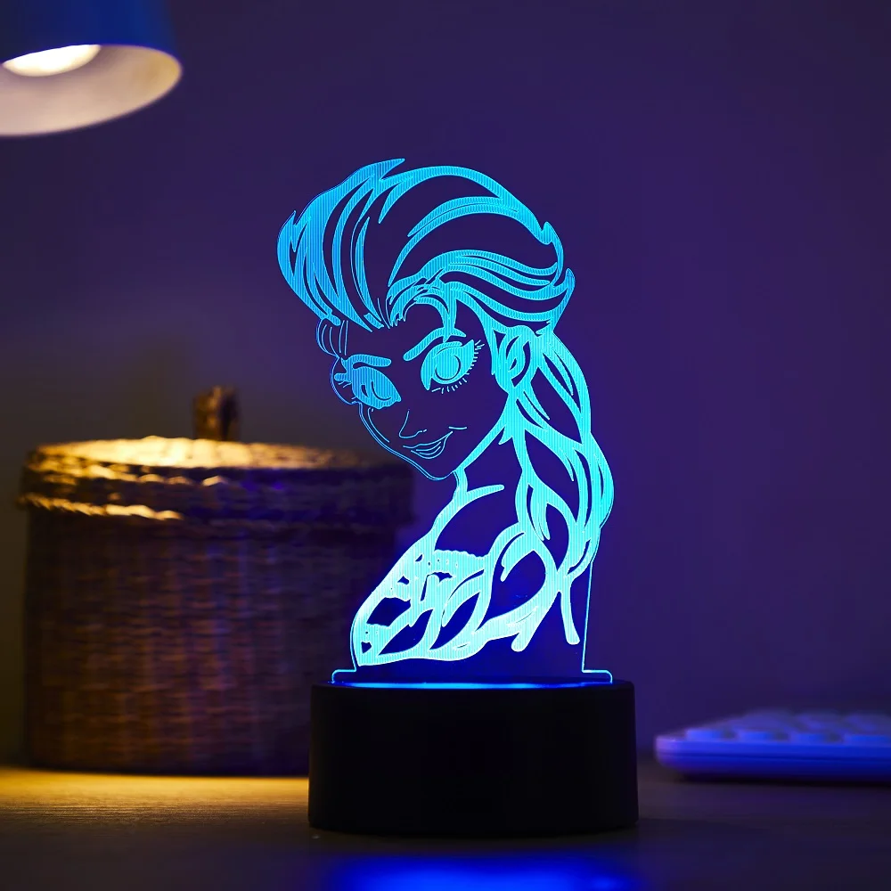 디즈니 냉동 공주 3D 비주얼 램프 안나 엘사 올파 입상 LED 야간 조명 아크릴 환상 테이블 램프 홈 장식 어린이 장난감