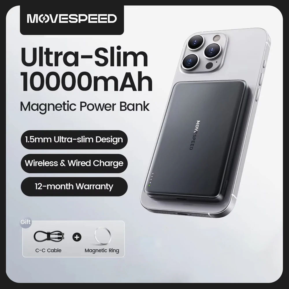 MOVESPEED S10 Тонкий магнитный внешний аккумулятор 10000 мАч PD20W Портативное зарядное устройство Беспроводной внешний аккумулятор для iPhone 16 Samsung Powerbank