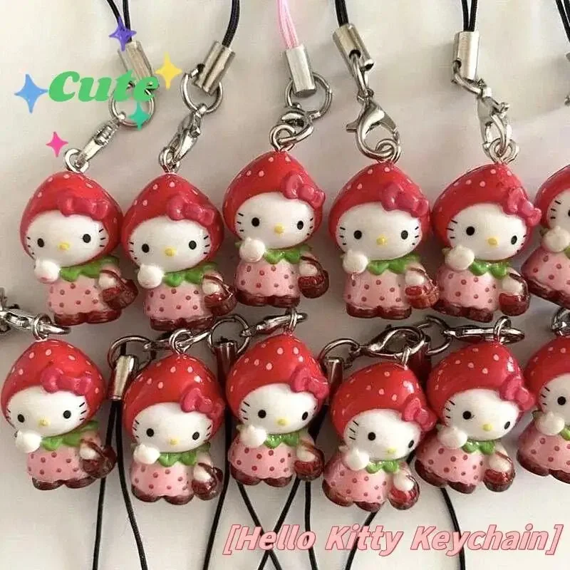 Sanrio 딸기 헬로 키티 휴대 전화 펜던트 귀여운 재미 있은 DIY 배낭 펜던트 열쇠 고리 장식 친구 생일 선물