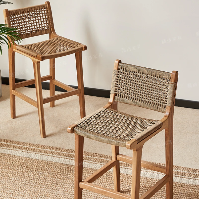 Sillas de Bar de madera maciza de patas altas, muebles para el hogar, tejido de mimbre decorado