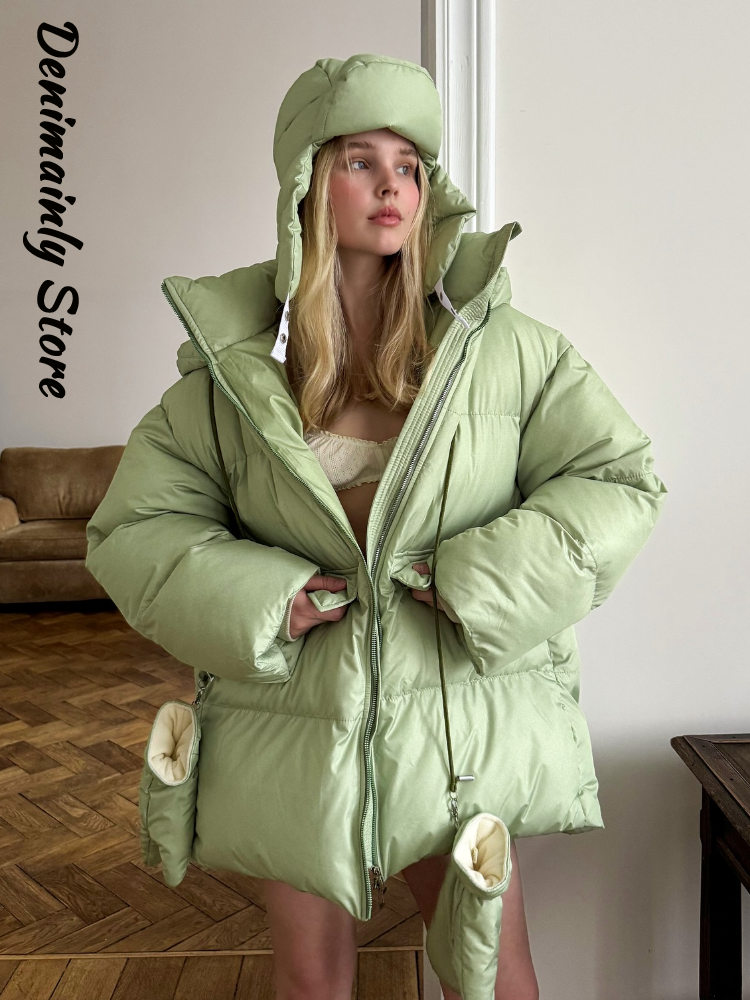 Fashion Solid Zipper Mit Kapuze Baumwolle Jacke Frauen Stehen Kragen Volle Hülse Lose Straße Warme Mäntel 2025, Winter Dame Chic outwear