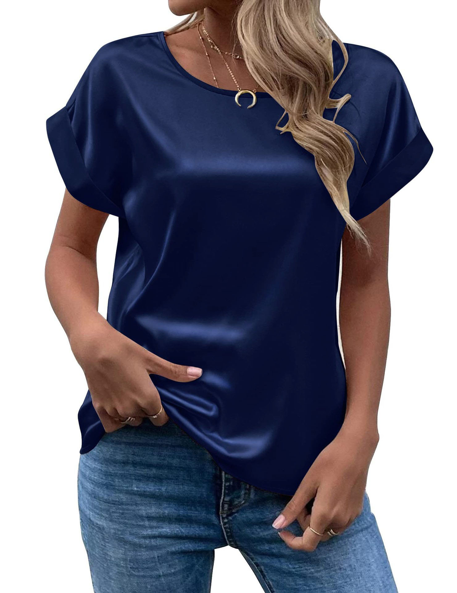 Mulheres verão estilo blusas de cetim camisas senhora casual bat asa manga o pescoço cor sólida solta blusas topos