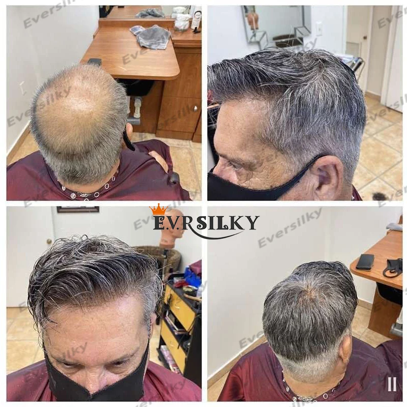 วิกผมผู้ชาย Microskin เส้นผมธรรมชาติ # 1B80 สีเทา WAVE มนุษย์ผมผู้ชาย Toupee ผิวเต็ม 0.02 มม.ที่มองไม่เห็น Ultra บางชายผม