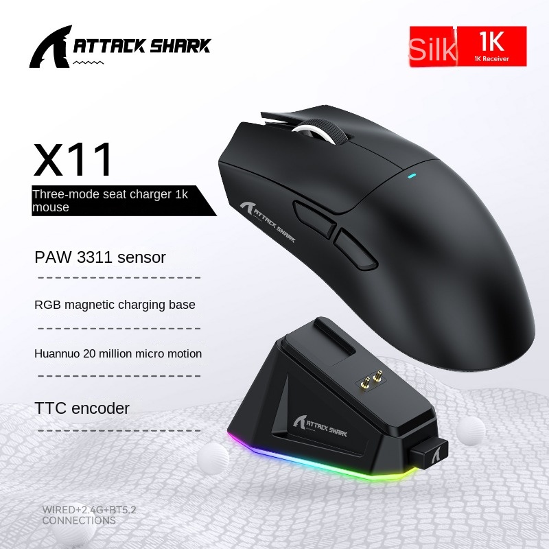 Attack Shark X11 PAW3311 ratón Bluetooth, conectividad de modo Triple, base de carga magnética táctil, ratón para juegos ultraligero