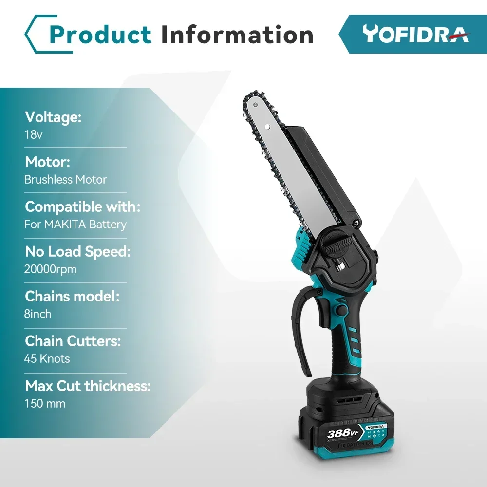 Yofidra 8 Zoll bürstenlose elektrische Kettensäge, kabellos, wiederaufladbar, Holzbearbeitung, Garten-Astschere, Werkzeug für Makita 18 V Akku