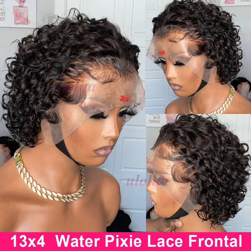 13x4 diep krullend pixie-cut korte pruik menselijk haar transparant kant frontale pruik 6 inch Indiase maagdelijke haarpruik vooraf geplukt haarlijn
