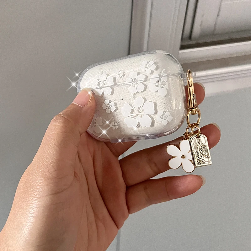 Clearance_Fashion Weiche Silikonhülle für AirPods 3 Pro 2. Niedliche klare weiße Blumen-Anhänger-Kopfhörerhülle für Apple AirPod Pro 2