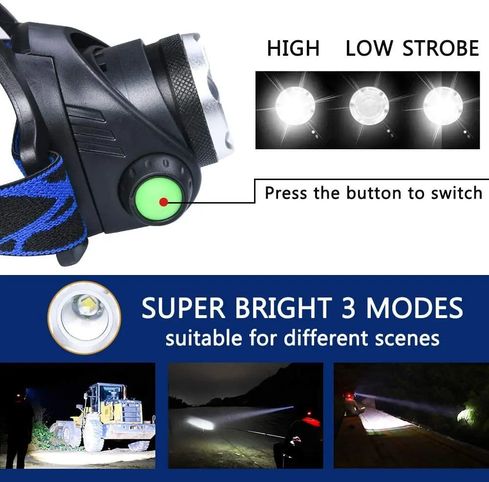 Faro LED con zoom, lámpara de cabeza recargable por CC, linterna de cabeza impermeable 18650 para emergencias, Camping y senderismo