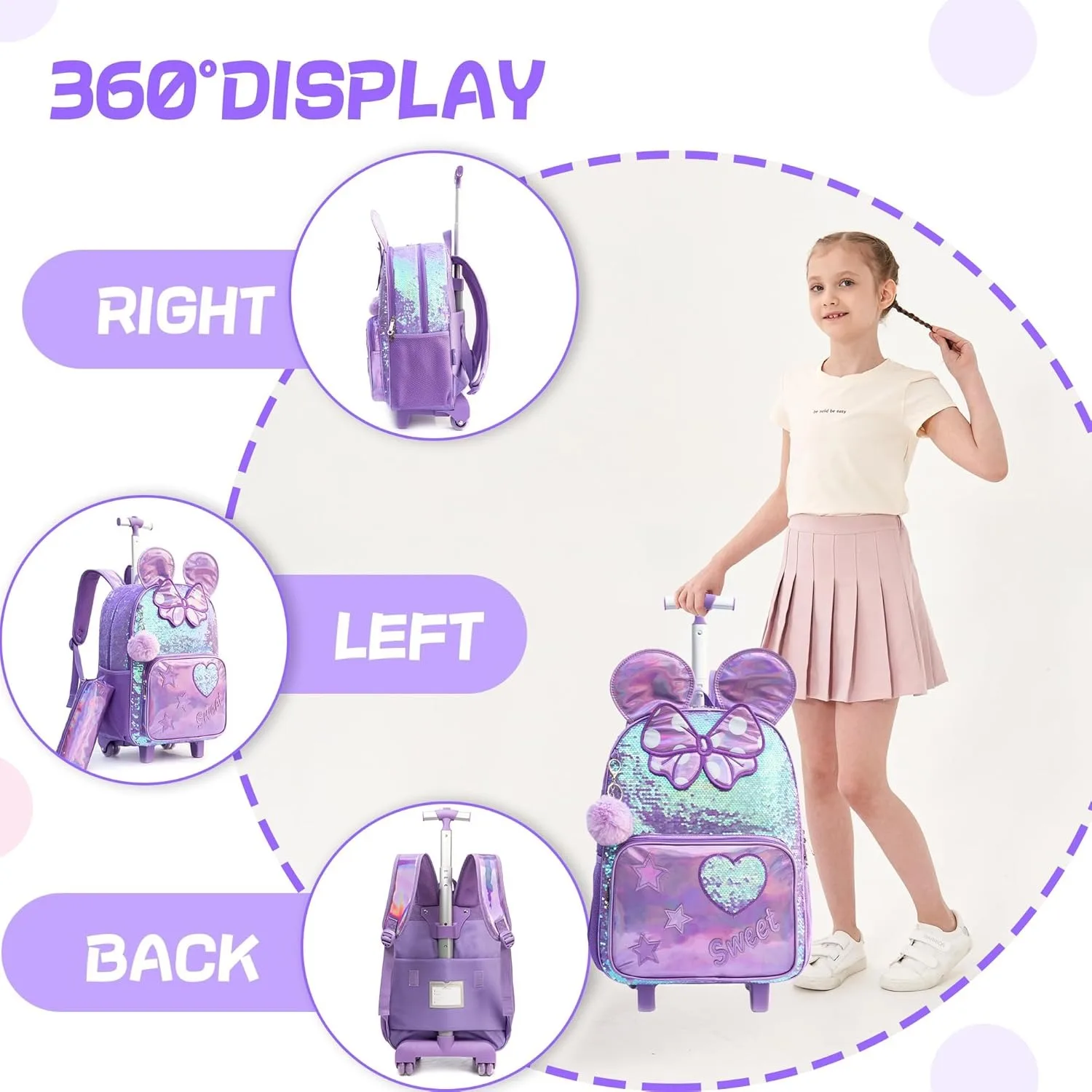 Schultaschen 3PCS Nette Mädchen Roll Trolley Rucksack Primäre Kinder Rucksäcke Mädchen mit Rädern Zurück Zu Schule Student Taschen