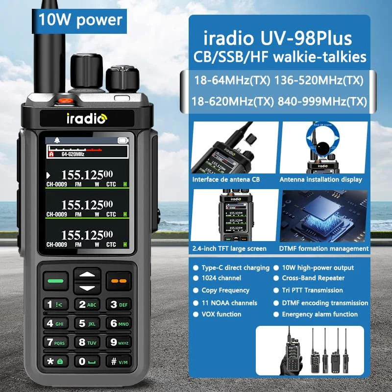 Iradio UV-98 PLUS Air Band Walkie Talkie repetidor de banda cruzada 2,4 "pantalla grande USB LSB CW CB SW MW LW SSB HF Radioaficionado multibanda