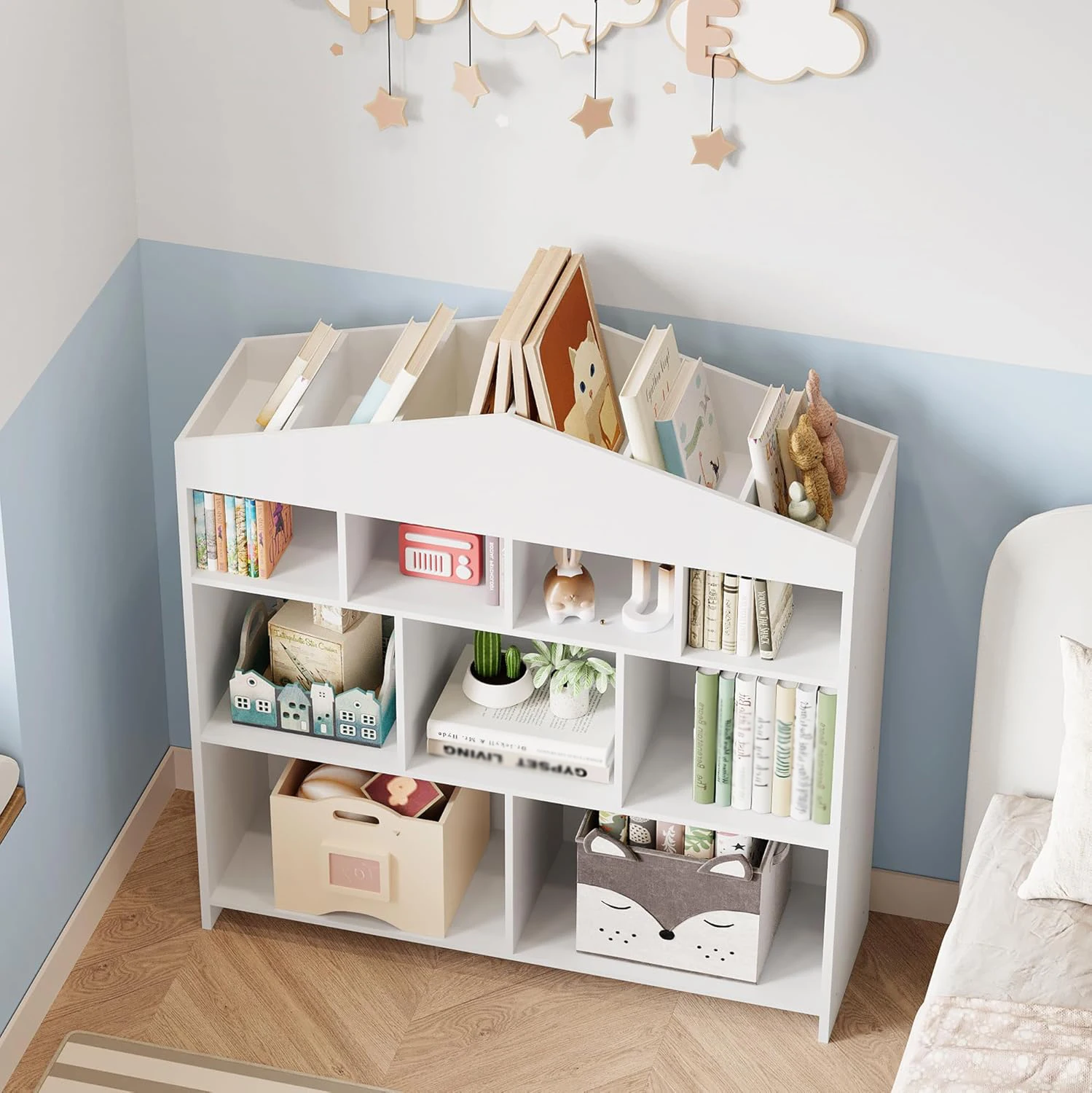 Scaffale per bambini a 9 coperti Libreria in legno Scaffale per armadietto per casetta da gioco per bambini per ragazzi e ragazze Organizzatore di stoccaggio di giocattoli per sala giochi