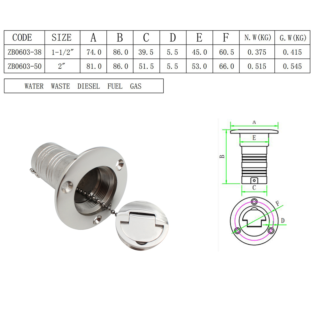 38 mm 50 mm Deck-Einfülldeckel, Edelstahl 316, Deckfüller, Gas-Diesel, KRAFTSTOFF, Abfall, Wasser, hochglanzpoliert, Marine, Boot, Wohnmobil-Hardware