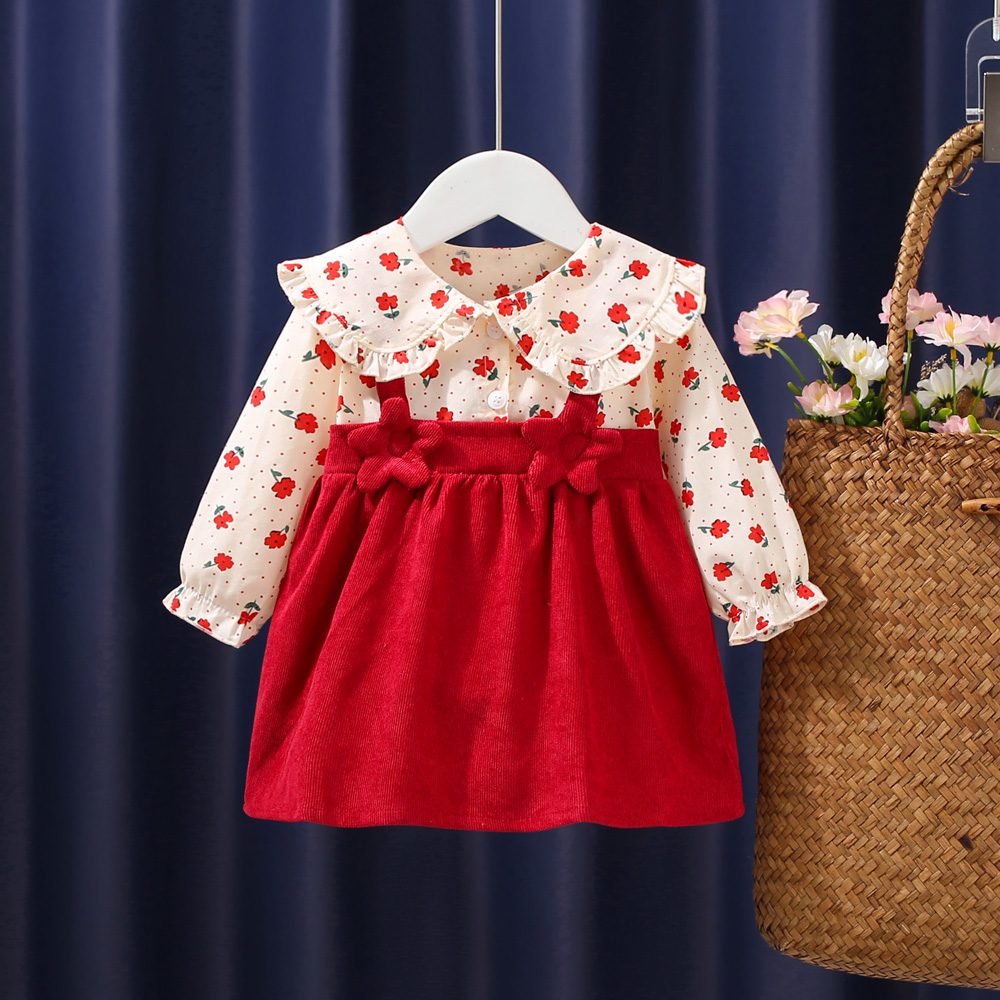 Spring And Autumn New Small Floral Long Sleeve Baby Girl Dress, Fake Two Red New Year Party Children'S Clothes 0-3 Years Old