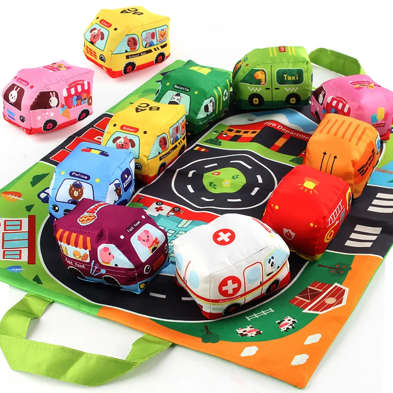 Coche de juguete de tela suave para bebés, libro de tela resistente a desgarros con bolsa de almacenamiento y tapete de juego, juguete sensorial de viaje para Aprendizaje Temprano, regalo