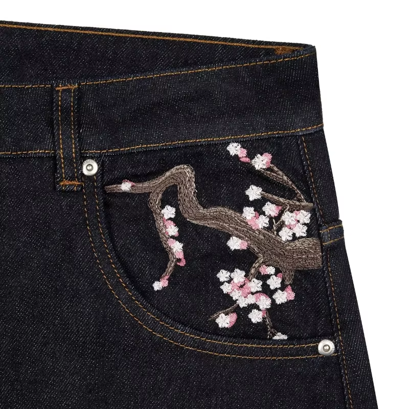 Y2K Harajuku jeans gótico vintage flor de ciruelo bordado patrón pantalones de pierna ancha hombres mujeres tela vaquera estilo americano ropa de calle
