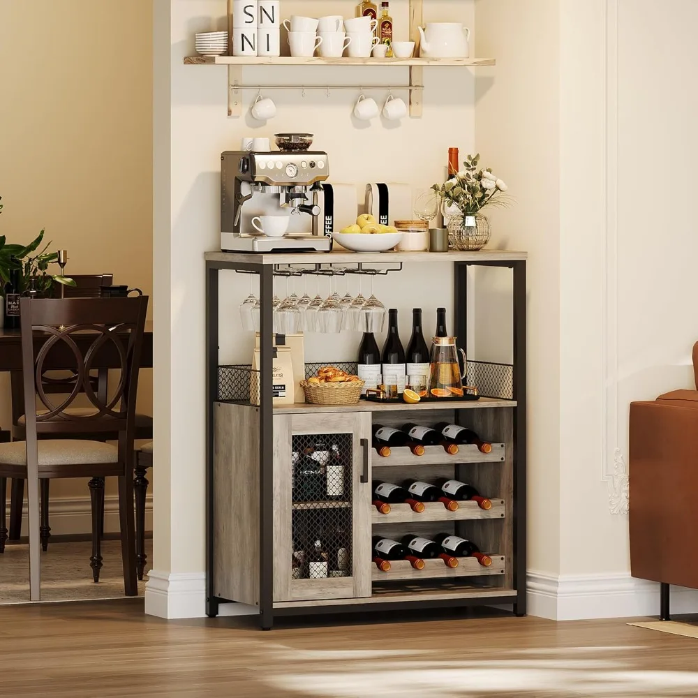 3-Tier Wine Bar Cabinet with LED Lights, Detachable Wine Rack and Storage Space, Sideboard Buffet Bar with Glass Holder