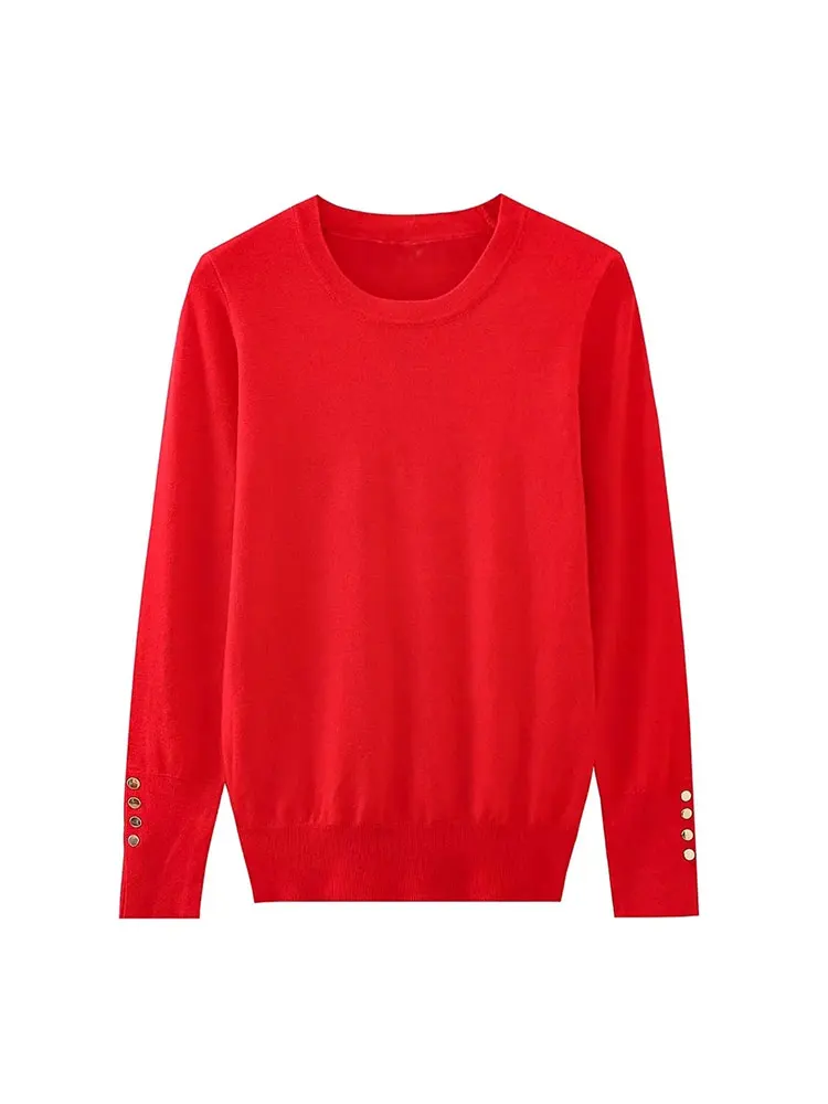 TRAF-suéter de manga larga con cuello redondo para mujer, jersey con botones, informal, liso, de alta elasticidad, otoño 2023