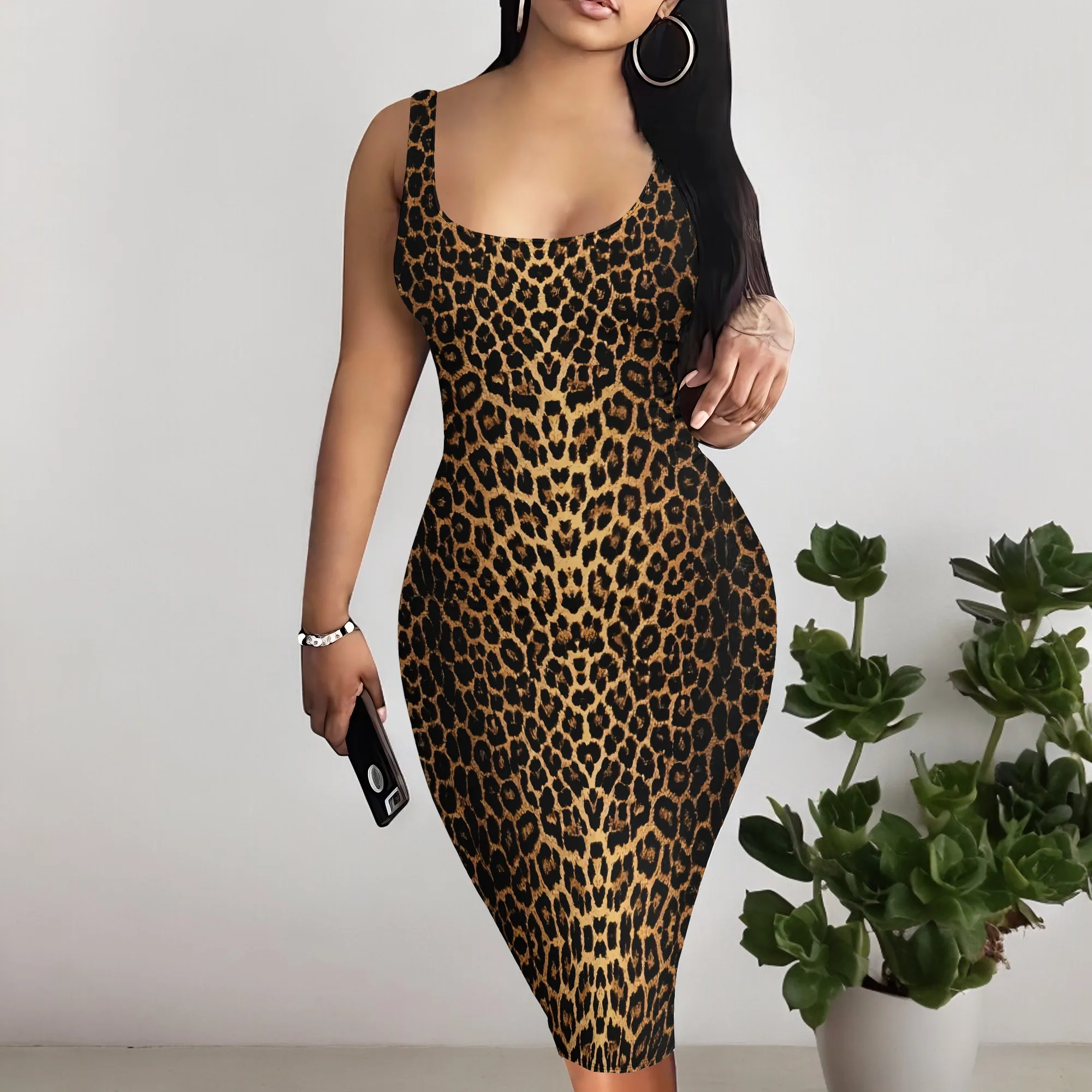 Kleid mit Leopardenmuster für Damen, sexy, ärmellos, figurbetont, Tankkleider, Club-Outfits in Übergröße