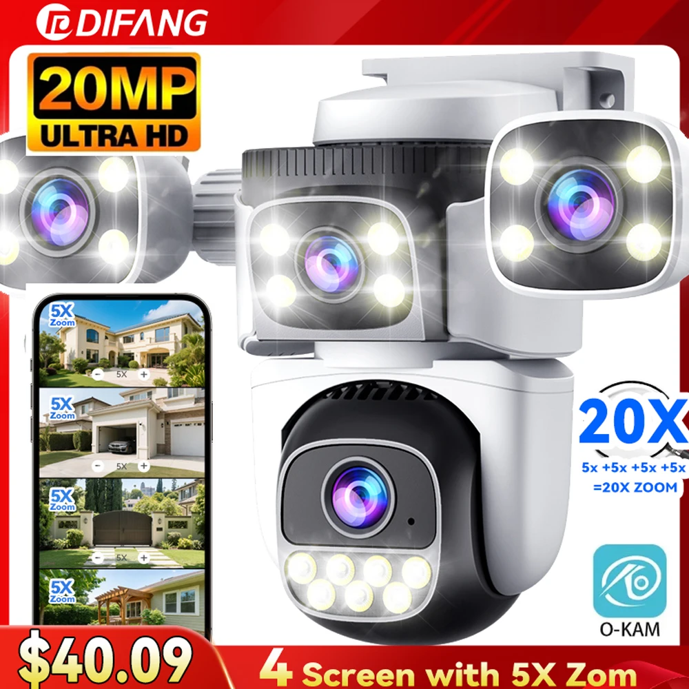 10K 20MP Four Screen Home Security WiFi Cam 360° PTZ 5X Zoom CCTV Wireless Surveillance IP Cam Security Protection Video Cam