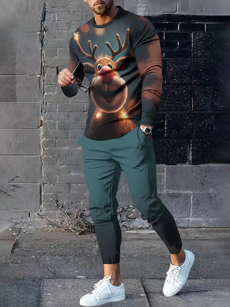 Traje de manga larga con estampado navideño 3D para hombre, Sudadera de cuello redondo y pantalones largos, ropa de moda para correr