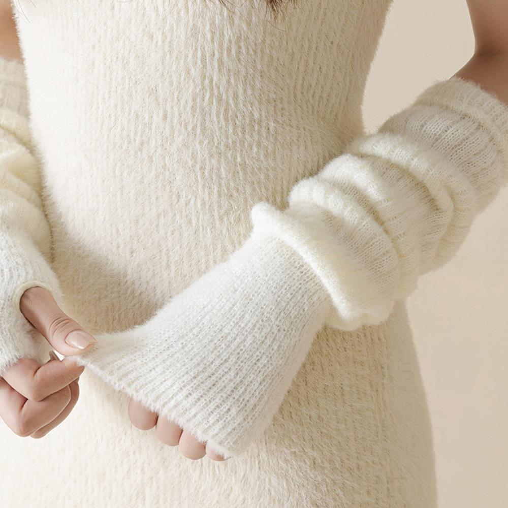 1Pair Plush Women Arm Warmers Winter Y2K Fingerless Glove Mittens Punk Long Gloves White Black Stacked Half Sleeves Arm Warmer