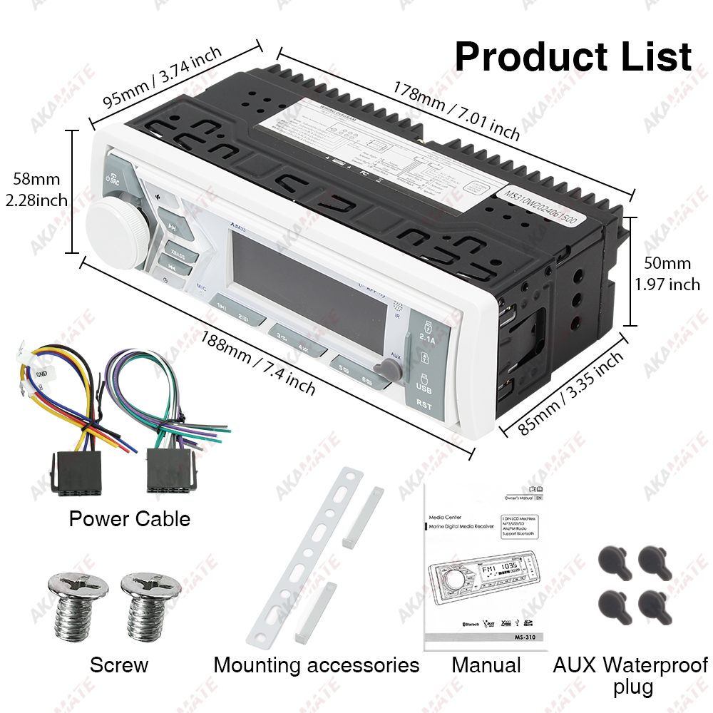 AKAMATE 1Din Radio de bateau pour RV ATV UTV SPA RZR lecteur stéréo multimédia marin Bluetooth AUX USB avec télécommande Radio FM AM