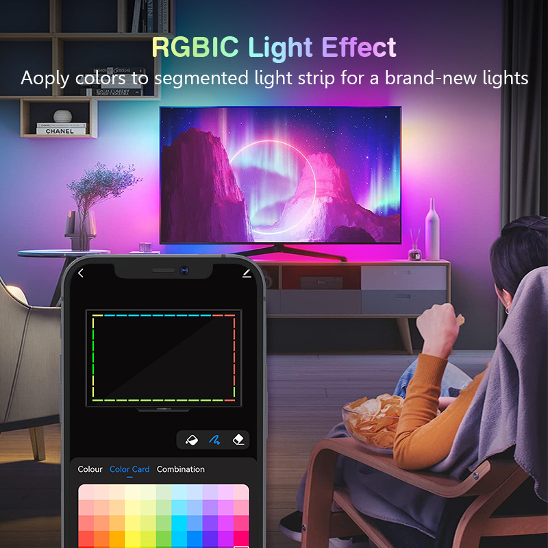 RGBIC LED-Lichtleiste, Kamera, TV-Bildschirm, Synchronisation, WiFi, APP, Musiksynchronisation, Spiel, Schlafzimmer, TV, Hintergrund, Umgebungslicht