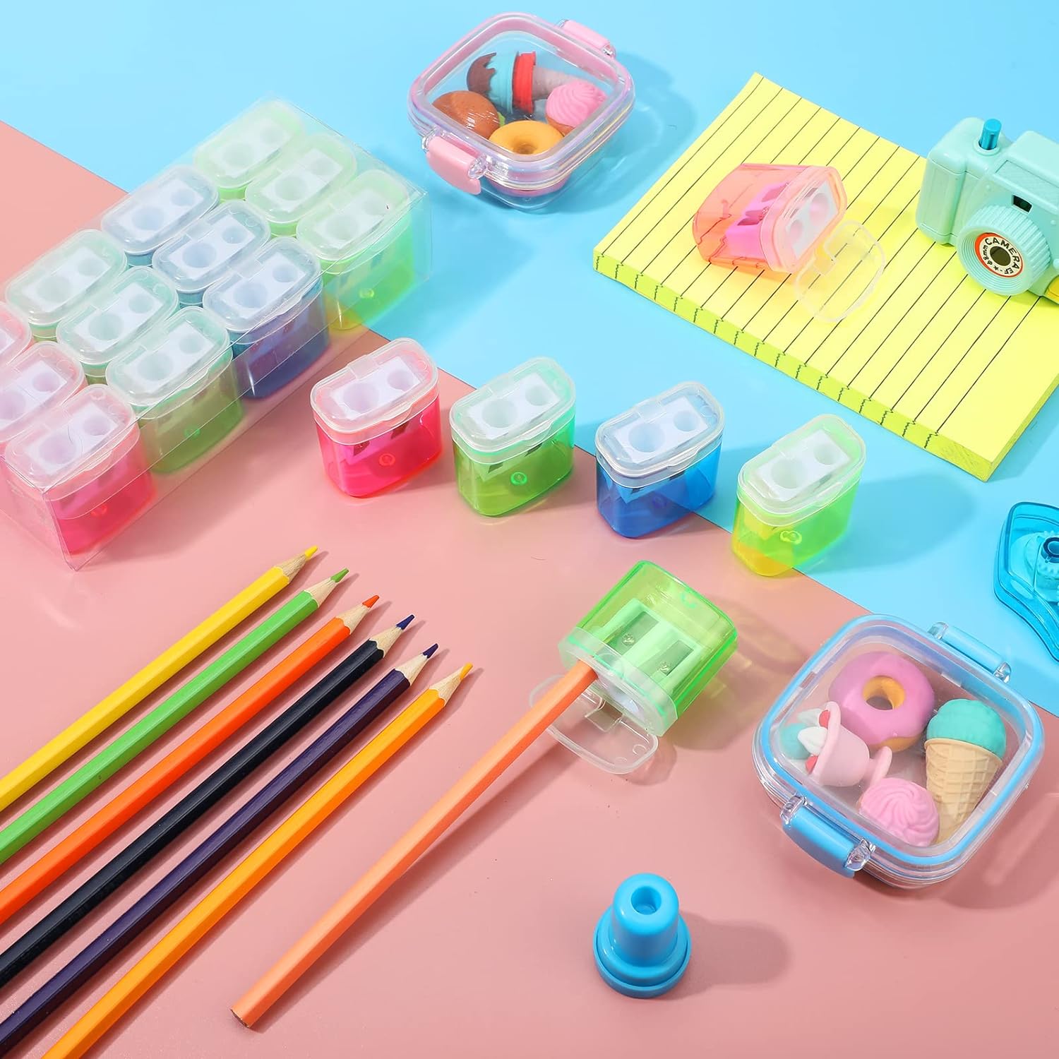 12pcs/box Manual Pencil Sharpener Small Colored Handheld Dual Hole Pencil Sharpeners with Lid 4 Color For Kids School Supplies