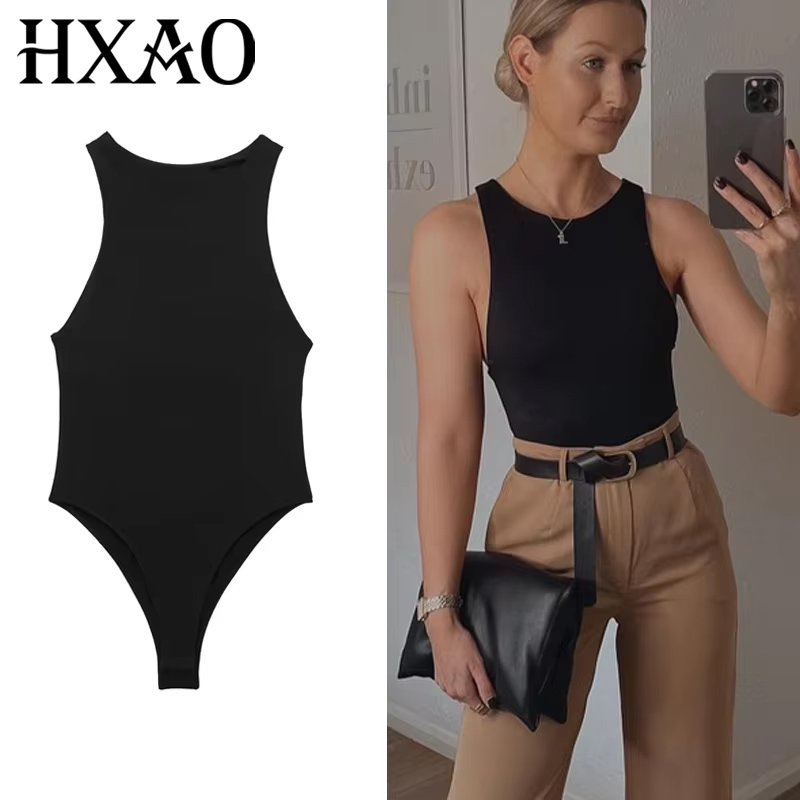 Hxao 2024 corpo feminino sem mangas preto branco bodysuit para as mulheres verão bodycon uma peça praia maiôs collants tanga bodysuit