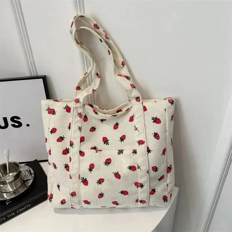 Bolsa de veludo morangos bolsa de praia elegante versátil bolsa de ombro grande capacidade simples commuter bolsa tote feminina bolsos