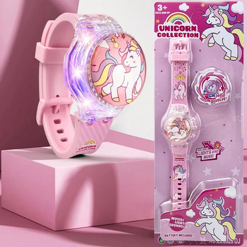 Reloj electrónico de dibujos animados para niños, pulsera Digital con luz Flash giratoria, música, unicornio, regalo de fiesta, juguete