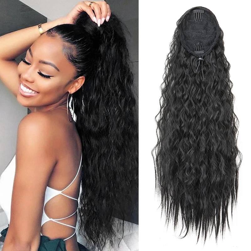 22 pollici sintetico lungo riccio crespo coda di cavallo estensione dei capelli coulisse avvolto clip nei capelli parrucchino nero per le donne