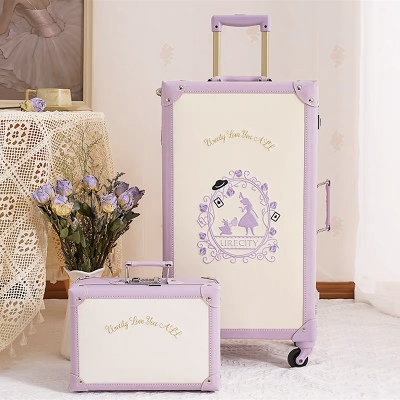 Mala de couro PU para mulheres, bolsa de viagem retrô, mala de embarque roxa para meninas, conjuntos de bagagem de rolamento, alta qualidade, nova, quente
