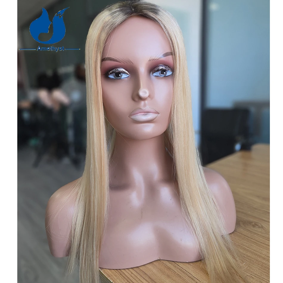 Topper de cabelo com base de seda reta de ametista com balayage ombre destaque cabelo humano europeu virgem para mulheres com raiz escura 5 "x 6"