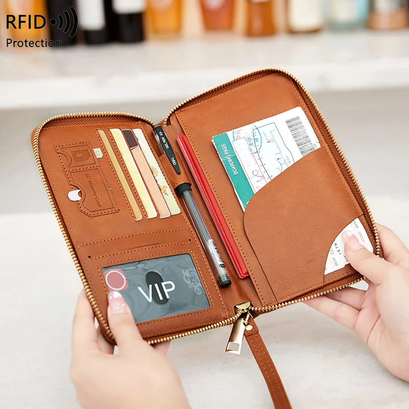 Porta-passaporte com bloqueio RFID, carteira de viagem, bilhete, bolsa para cartão de crédito, carteira multifuncional com zíper e alça de pulso, moda